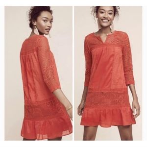 Anthropologie Hiche Short Dress Boho Crochet Embroidered Orange 3/4 Sleeve Mediu